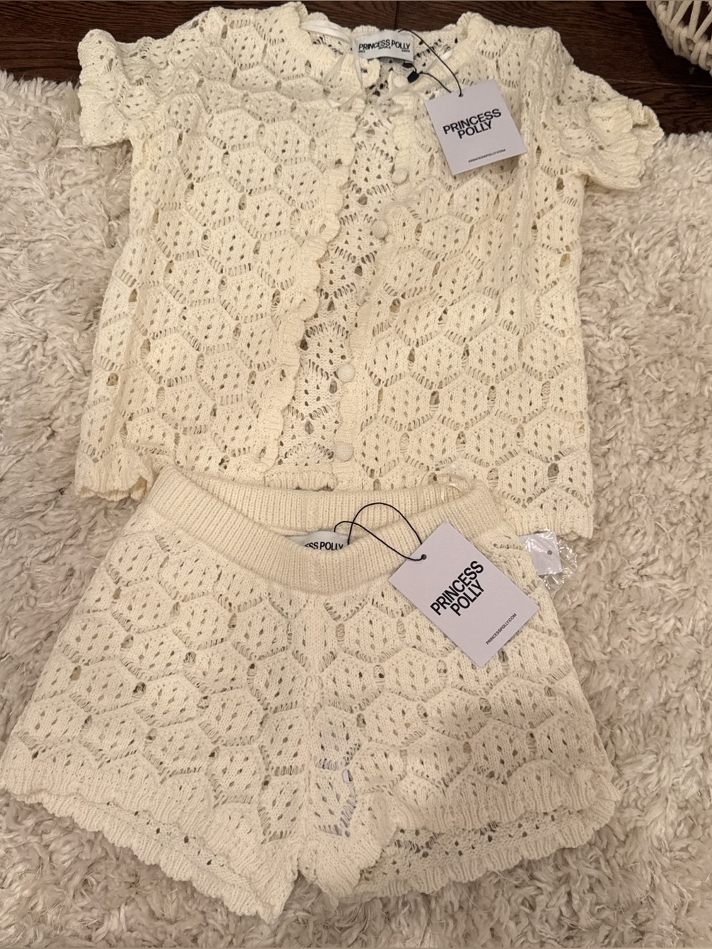 Princess Polly Cream Crochet Short Set - Picture 1 of 5